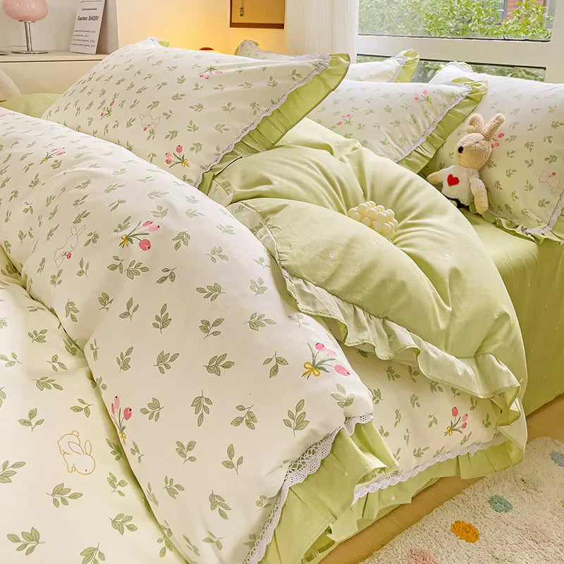 Decobites Floral Ruffles Bedding Set with Duvet Cover, Sheets, and Pillowcases