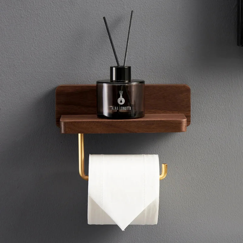 DecorBites™ Brass and Wood Toilet Roll Holder & Paper Towel Holder Stand