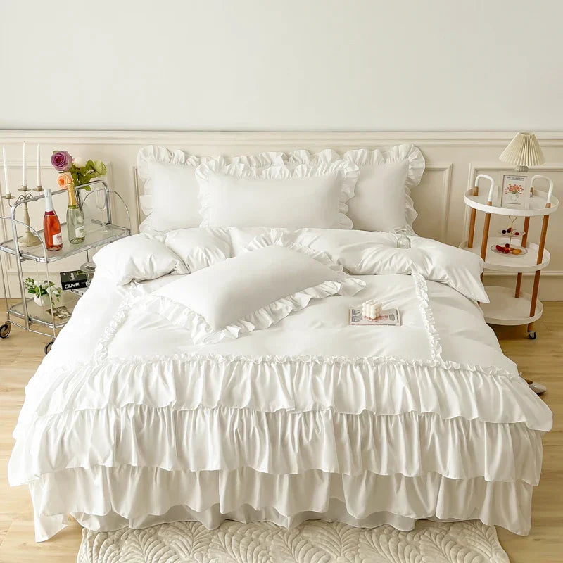 DecorBites™ Lace Ruffle Princess Bedding Set with Bed Skirt & Pillowcases