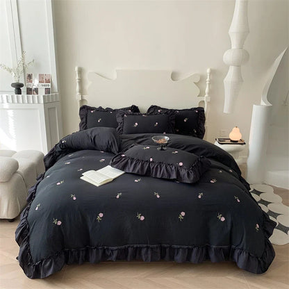 Decobites Rose Flowers Ruffle Lace Bedding Set, Washed Cotton Duvet Cover, Skin Friendly