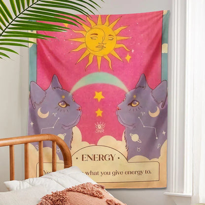 Decobites Tarot Constellation Cat Energy Wall Art Tapestry - Sun Moon Decor