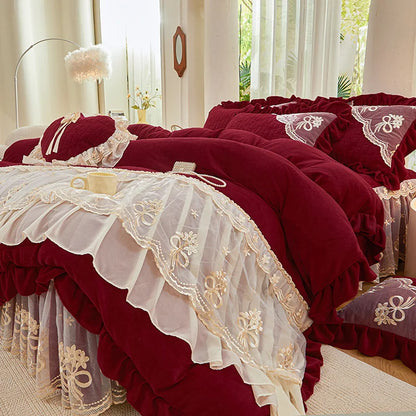 Decobites Princess Burgundy Red Velvet Bedding Set - Duvet Cover, Bed Skirt, Bedspread, Pillowcases