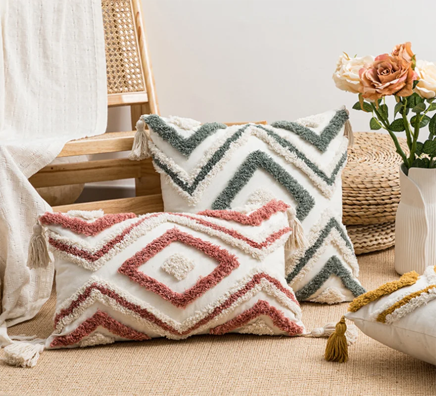 غطاء وسادة ديكوربايتس™ بتطريز هندسي بوهو، غطاء وسادة مزخرف للأريكة، قماش قطني