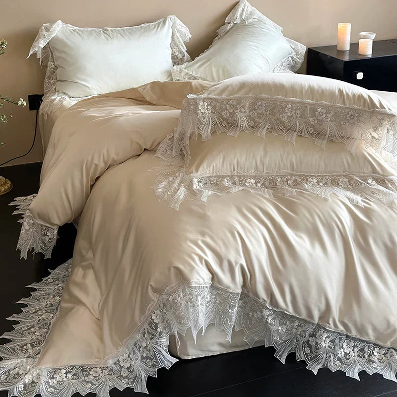 Decobites Romantic Lace Ruffles Bedding Set in Lyocell Cotton, Silky Duvet Cover, Bed Sheet, Pillowcases