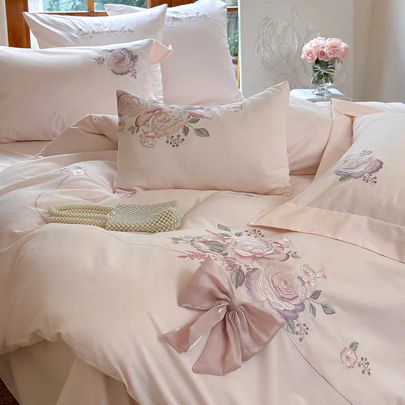 Decobites Flowers Embroidery Bow Wedding Bedding Set - Single Queen King Size Cotton Duvet Cover Bed Sheet Pillowcases