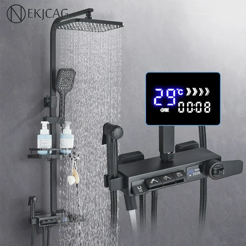 DecorBites™ Digital Display Thermostatic Shower Faucet Set with Rainfall Shower Column in Chrome