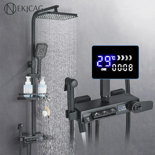 DecorBites™ Digital Display Thermostatic Shower Faucet Set with Rainfall Shower Column in Chrome