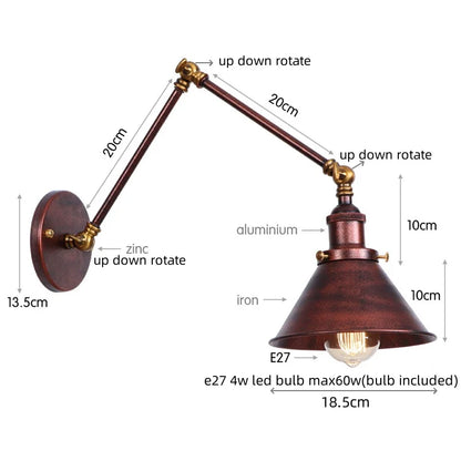 DecorBites™ Gold Long Arm LED Wall Sconce with Pull Chain Switch, Adjustable Industrial Bedside Lamp