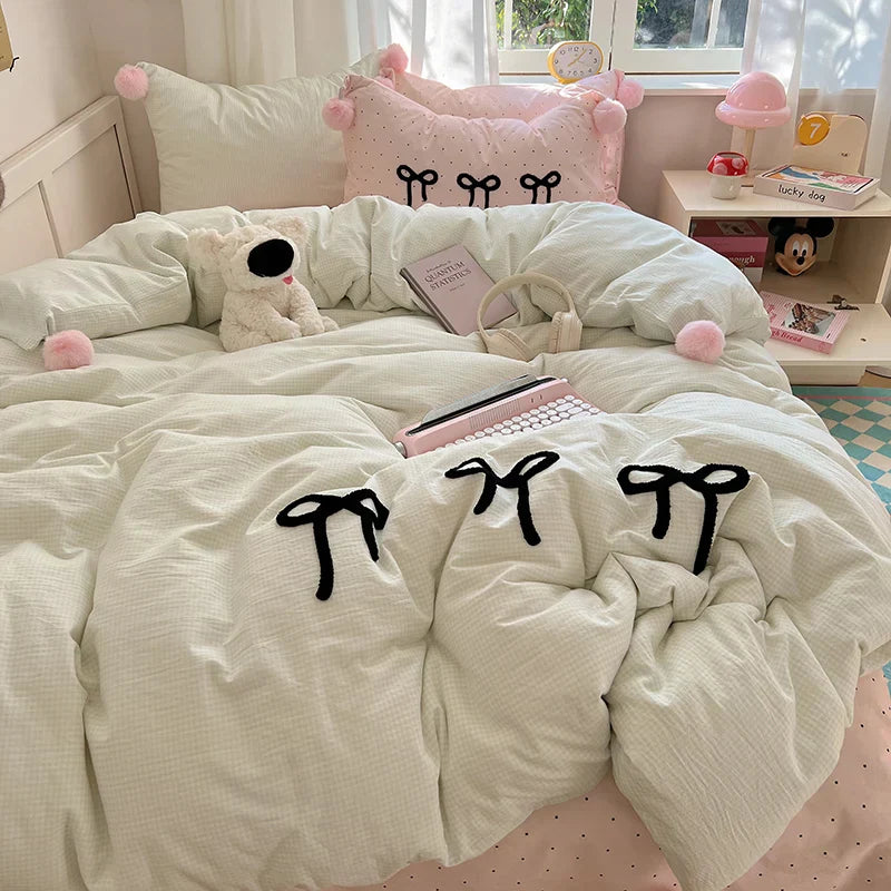 Conjunto de Ropa de Cama Decorbites™ Princesa Coreana con Lazo, Enrejado y Pompón - Tamaño Individual Queen