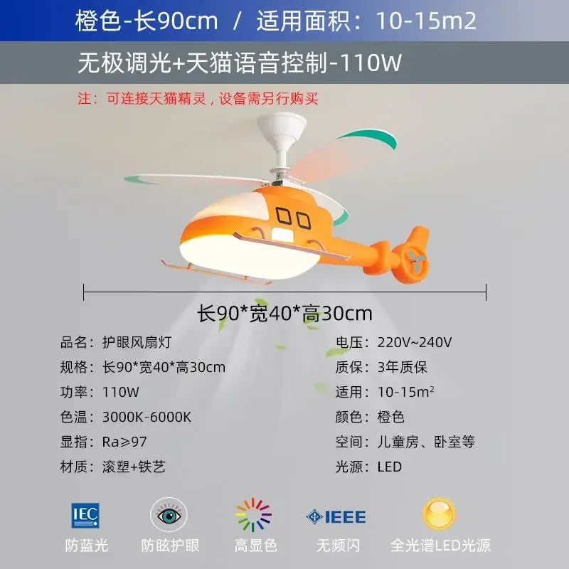 DecorBites™ Helicopter Aircraft Ceiling Fan Children's Chandelier Blue Pink Light Kids' Room