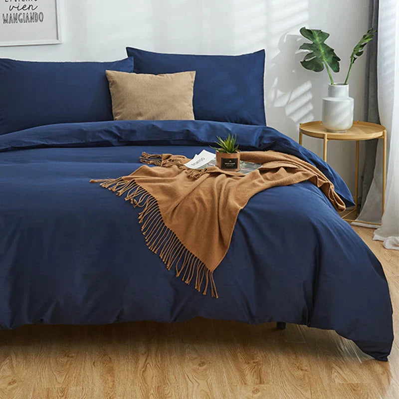 DecorBites™ Cotton 4pcs Bedding Set Double Queen Solid Color Duvet Cover Flat Bed Sheet