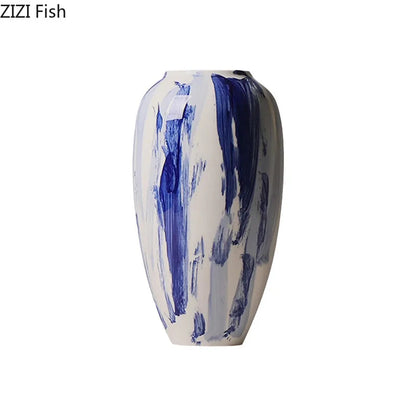 DecorBites™ Blue & White Porcelain Vase: Ink Style Flowers, Aesthetic Room Decor