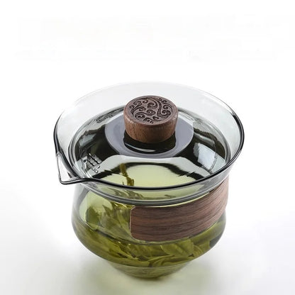 DecorBites™ Glass Teapot Set: Chinese Kung Fu Tea Bamboo Tray & Quick Drain Storage