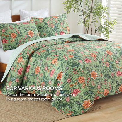 Decobites Green Floral Quilt Set 3-Piece Oversized Bedding with Shams