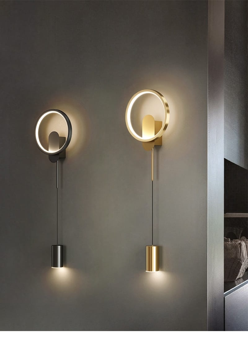 modern nordic led wall lamps featuring circular bedroom sconces in black and gold with a sleek metallic finish.