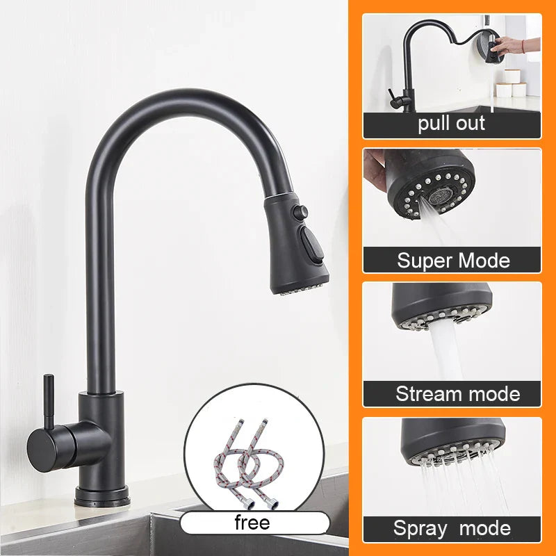 Grifo de cocina extraíble DecorBites™ negro - Grifo mezclador de cocina con rociador de chorro para montaje en cubierta