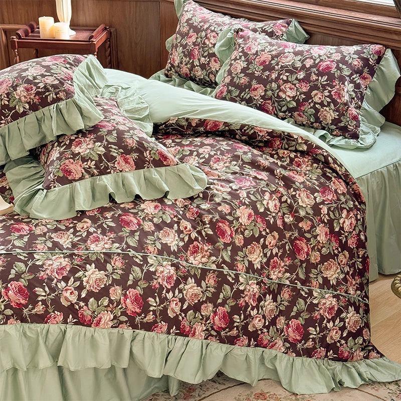 Decobites Princess Ruffles Rose Flowers Bedding Set with Pillowcase - 4Pcs