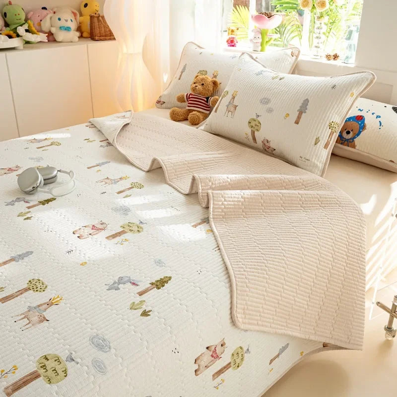 DecorBites™ Cartoon Print Foldable Bed Cover Set | Cotton Quilted Cushion Mat