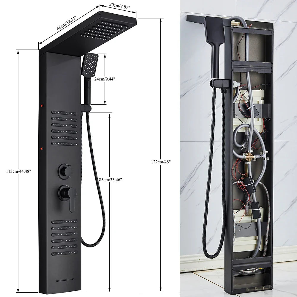 Columna de ducha DecorBites™ negra con iluminación LED, chorros de masaje y grifo mezclador tipo cascada