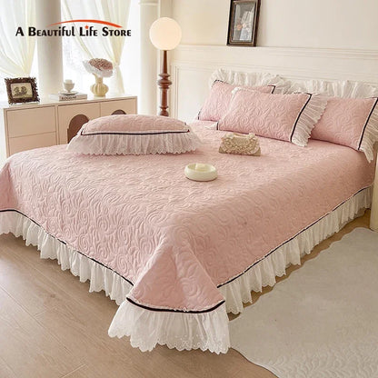 Decobites Princess Style Cotton Quilted Bedspread Set with Lace Edge & Pillowcase