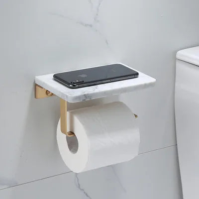 Soporte de pared para papel higiénico DecorBites™ Gold Marble, con caja de pañuelos y estante para baño.