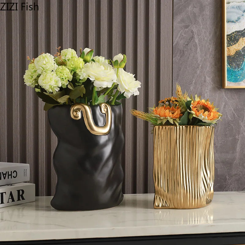 DecorBites™ Ceramic Bag Vase with Artificial Flowers for Modern Home Decor