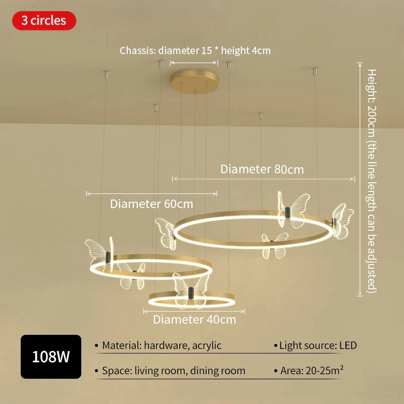 Decorbites™ Lámpara de Araña de Techo Redonda LED Mariposa Dorada para Sala de Estar y Dormitorio