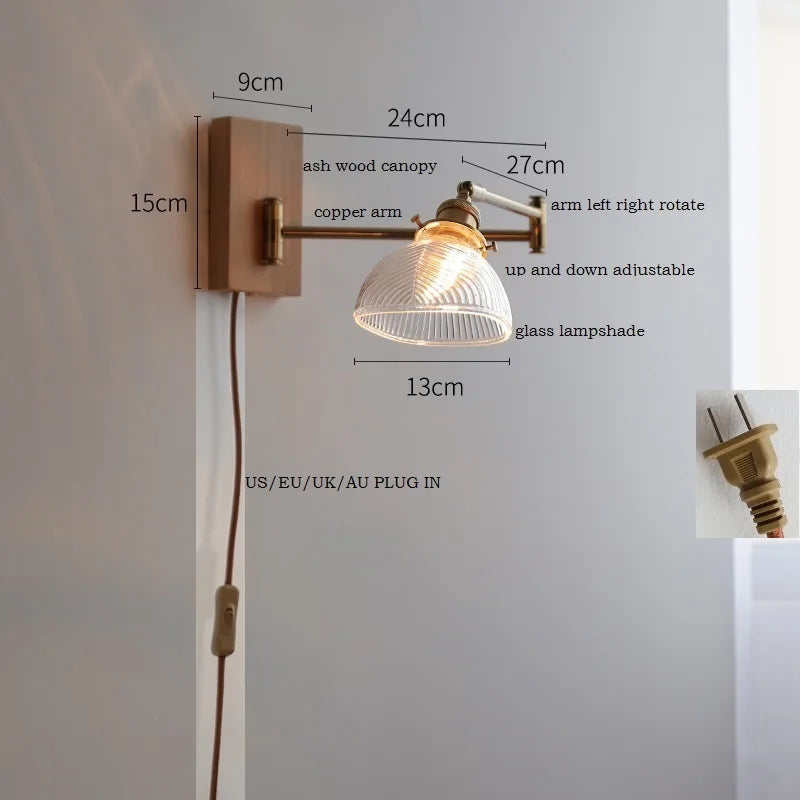 DecorBites™ Clear Glass Copper LED Wall Light with Pull Chain Switch & Walnut Wood Canopy