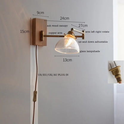 DecorBites™ Clear Glass Copper LED Wall Light with Pull Chain Switch & Walnut Wood Canopy