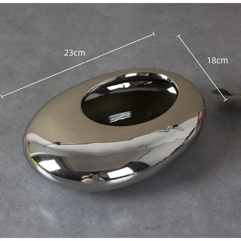 DecorBites™ Silver Cobblestone Ceramic Vase Geometric Oval Flower Pot Home Decor