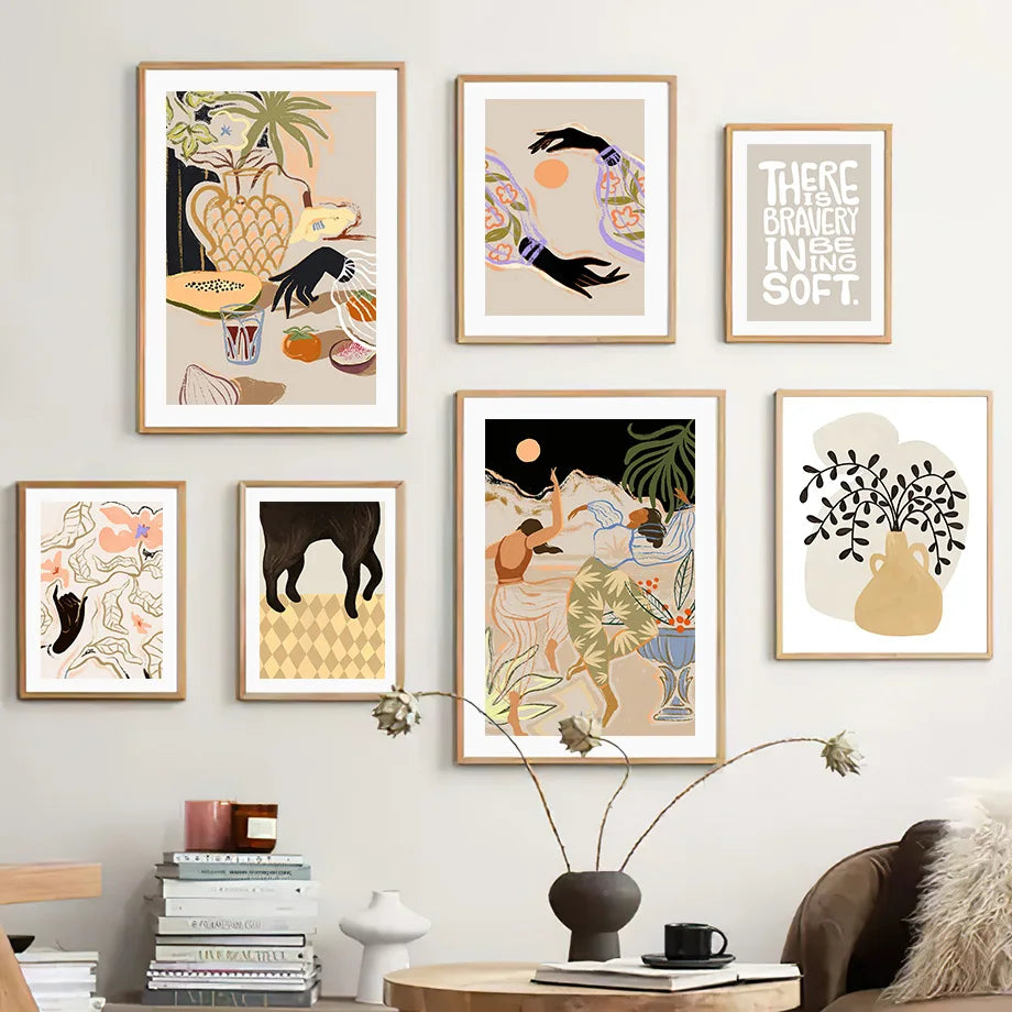 Pintura abstracta de lienzo con diseño de niña, mano, fruta, flor, hoja, jarrón, arte de pared