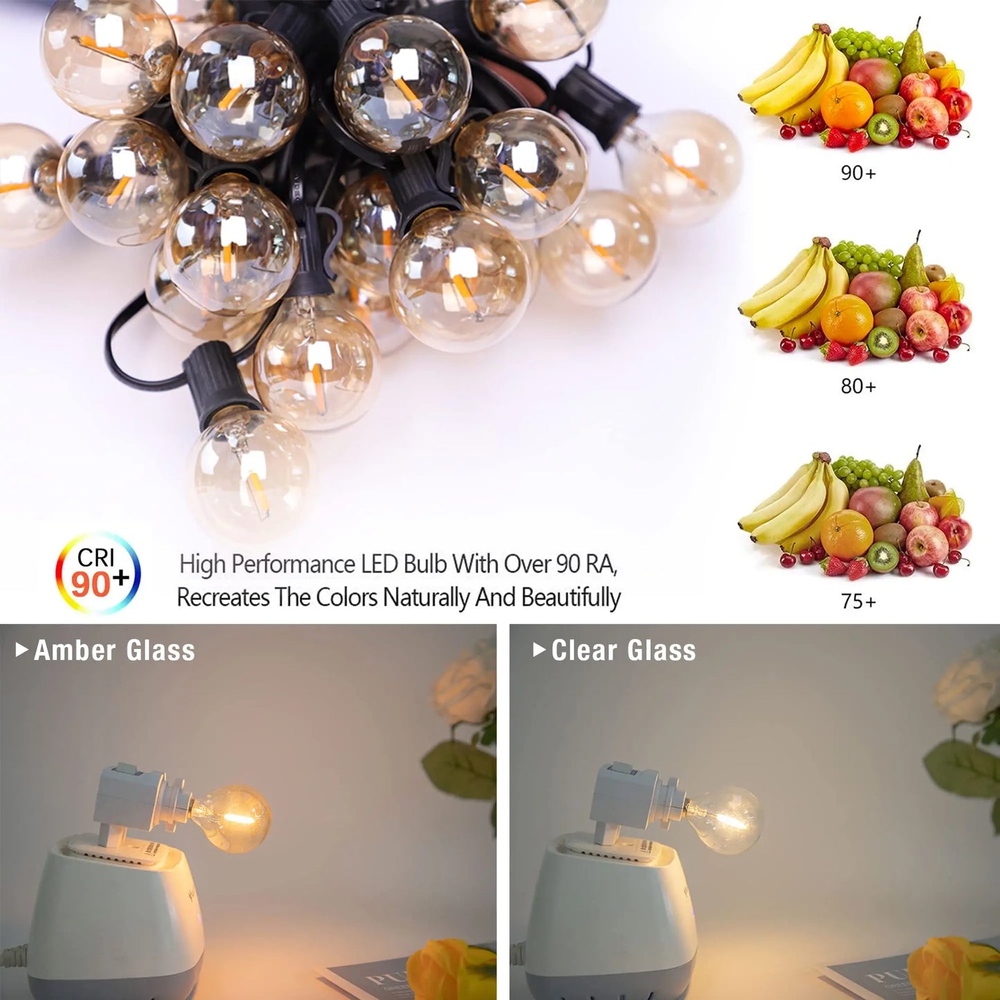 DecorBites™ G40 سلسلة مصابيح LED زجاجية كهرمانية بيضاء دافئة لتزيين الفناء، قابلة للتعتيم 1 وات