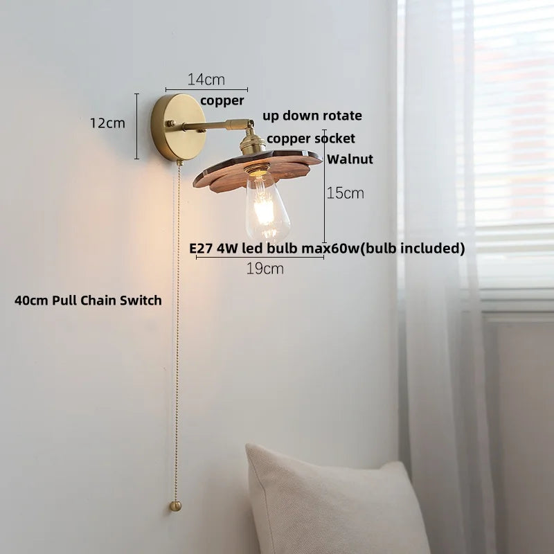 DecorBites™ LED Walnut Wood Wall Sconce Pull Chain Switch Modern Japanese Style Mirror Light