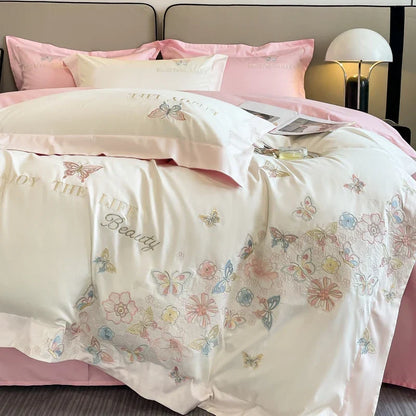 Decobites Luxury Butterfly Flowers Embroidery White/Pink Bedding Set