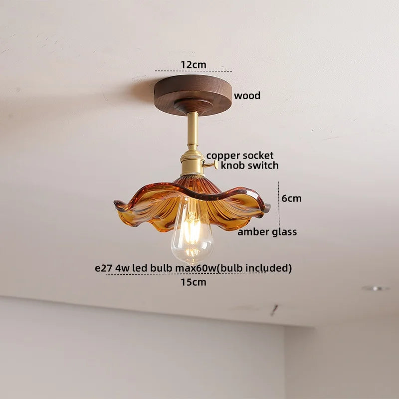 Green Glass Ceiling Lamp Copper Wood Accent