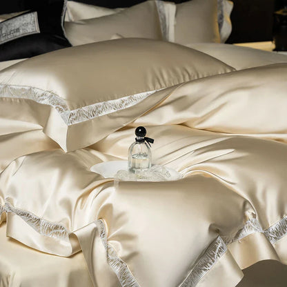 Decobites Luxe Brocade & Egyptian Cotton Bedding Set with Hollow Lace Edge