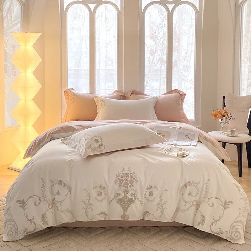 Decobites European Palace Style Flowers Embroidery Cotton Luxury Bedding Set with Duvet Cover, Sheets, Pillowcase