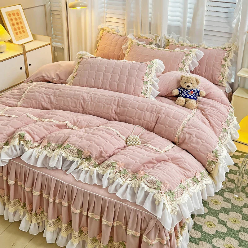 Decobites Korean Princess Bedding Set: Flowers, Lace, Ruffles, Embroidery, Quilted, Duvet Cover, Bedspread