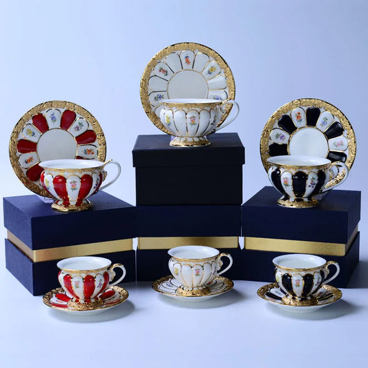 DecorBites™ Embossed Gold Bone China Tea Cup Saucer Set, German Design Drinkware