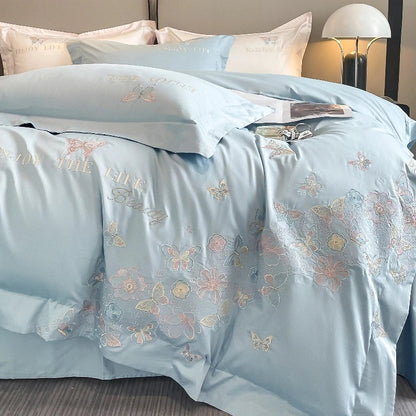 Decobites Luxury Butterfly Flowers Embroidery White/Pink Bedding Set