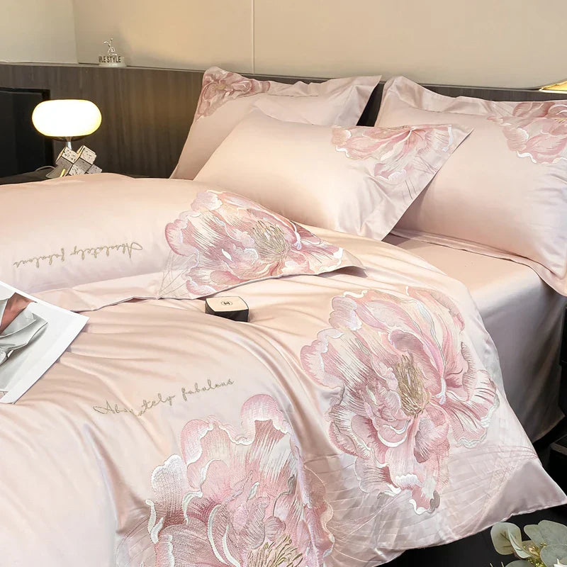 Luxury Flowers Embroidery Bedding Set by Decobites: Duvet, Sheet, Pillowcases 4Pcs