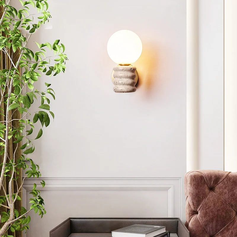DecorBites™ Japanese LED Wall Lamp, Pull Chain Switch, Yellow Travertine Glass, White Shade