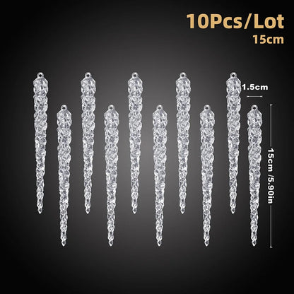 10pcs Christmas Decoration Acrylic Icicle Pendants Clear Simulation Ice Xmas Tree Hanging Ornaments Winter New Year Noel Navidad