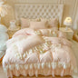 Decobites Pink Velvet Princess Bedding Set with Lace Ruffles and Bow Accents