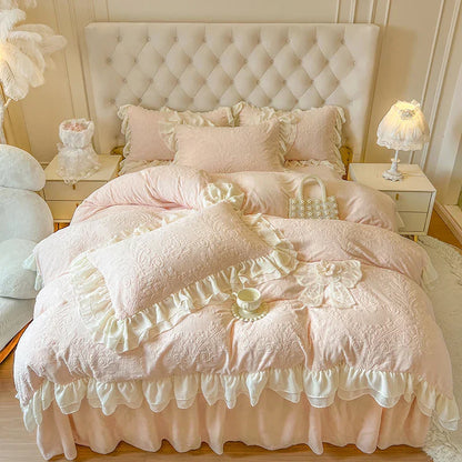 Decobites Pink Velvet Princess Bedding Set with Lace Ruffles and Bow Accents