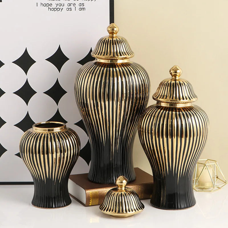 DecorBites™ Black Ceramic Checkmate Ginger Jar Vase with Gold Rim