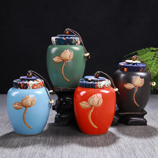 DecorBites™ Lotus Pattern Ceramic Tea Pot Storage Jar - Vintage Chinese Tea Caddy