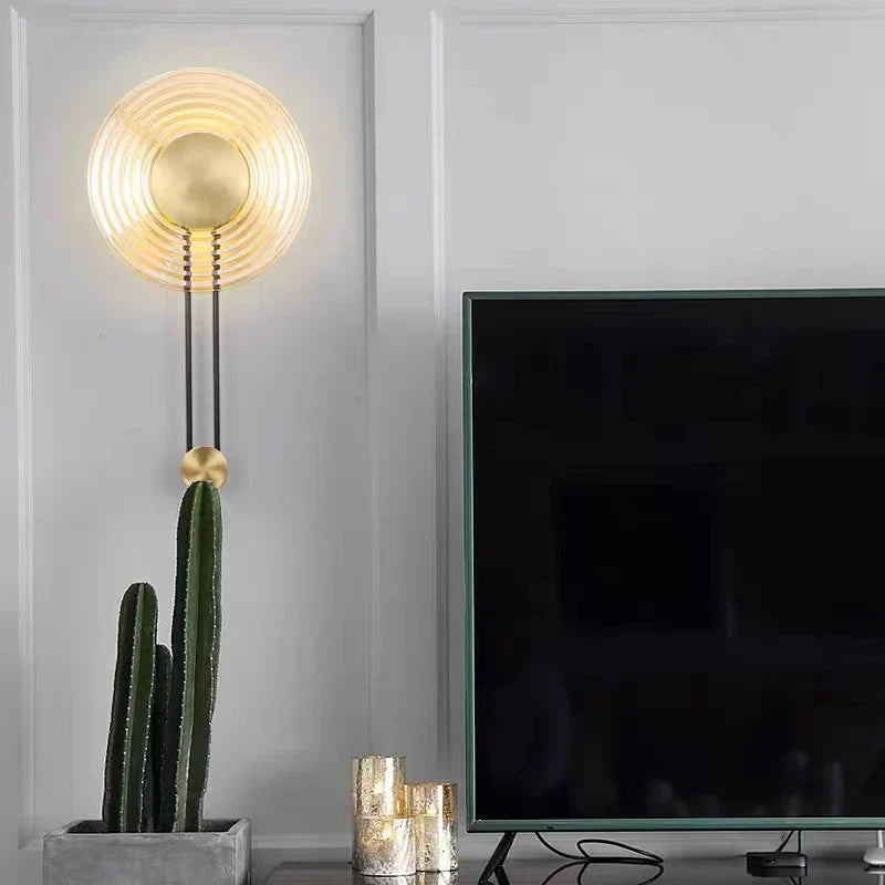 DecorBites™ LED Glass Wall Lamp Stripe Design Round Light Fixture Gold Lumina