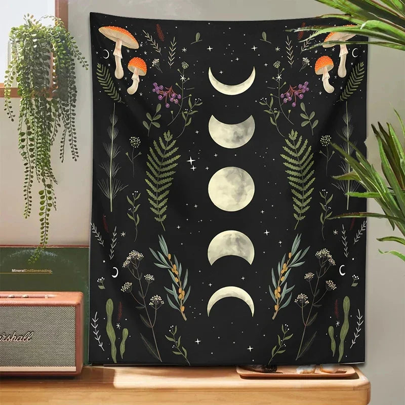 Moon Phase Mushroom Botanical Tapestry by Decobites for Boho Home Decor