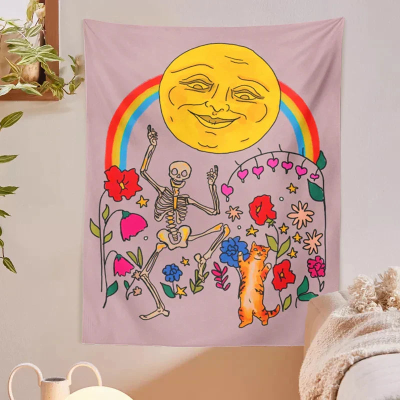 Flower Cats Moon Tapestry Wall Hanging Rainbow Carpet Tapestries for Boho Decor by Decobites